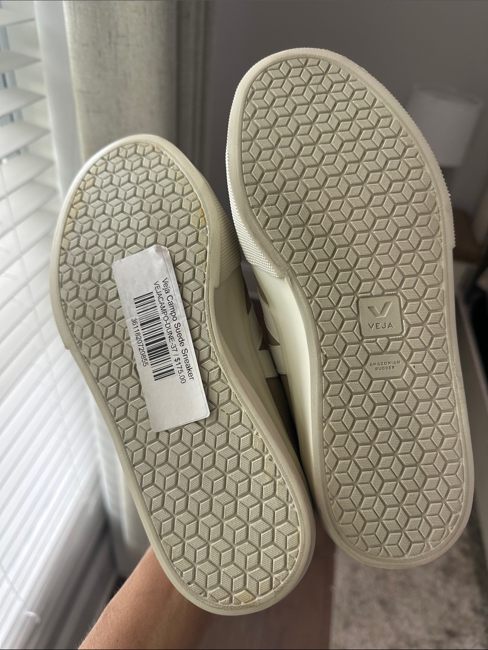 Veja Beige Suede Sneakers with White V Accent - Picture 2 of 5